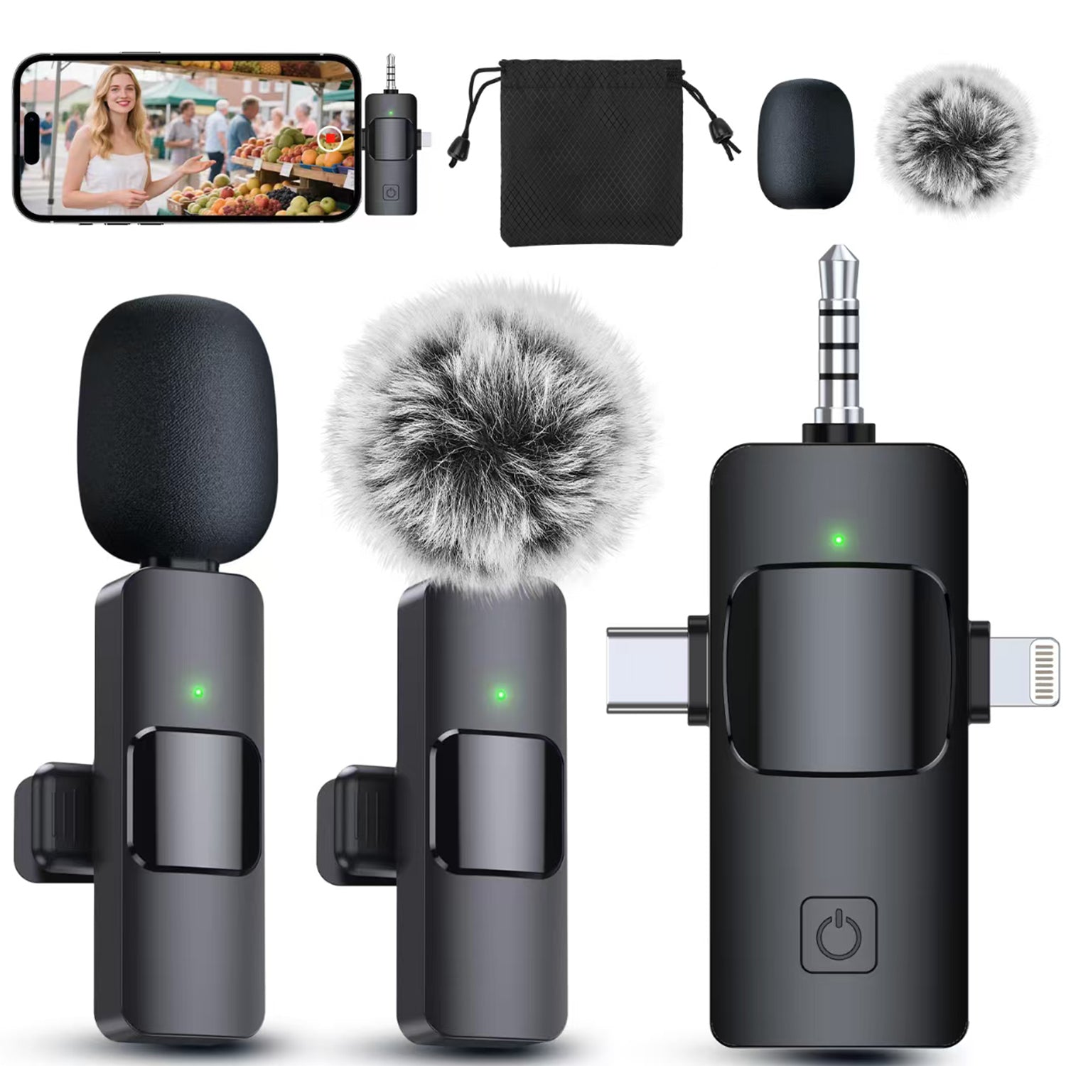 PQRQP 3-in-1 Wireless Lavalier Mic for iPhone/Android/Camera