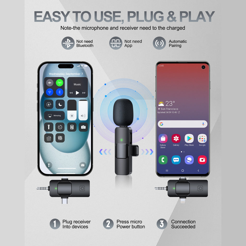 PQRQP 3-in-1 Wireless Lavalier Mic for iPhone/Android/Camera