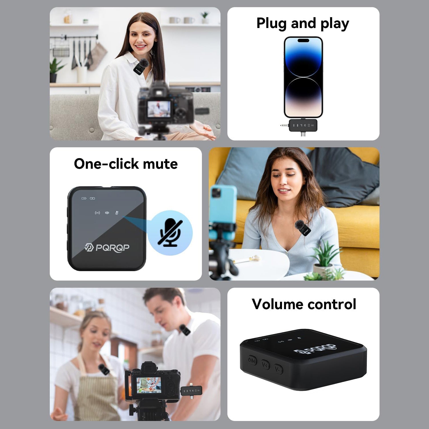 PQRQP 3-in-1 Wireless Mic: 328ft, 18H for iPhone/Android/Camera