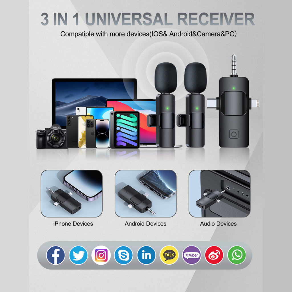 PQRQP 3-in-1 Wireless Lavalier Mic for iPhone/Android/Camera
